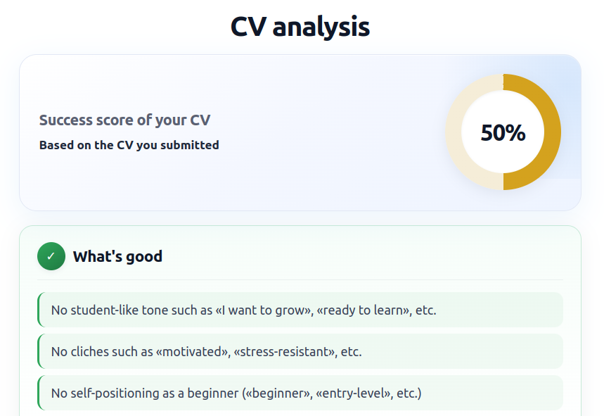 Example resume analysis in DEVCV.PRO